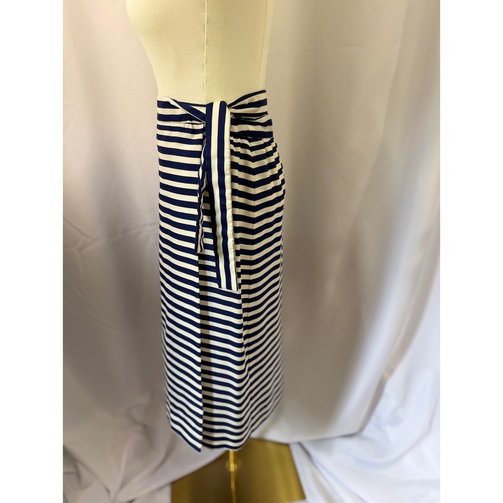 Navy White Breton Stripe Wrap Midi Skirt Tie Waist Nautical Coastal Size 10 - Picture 2 of 7